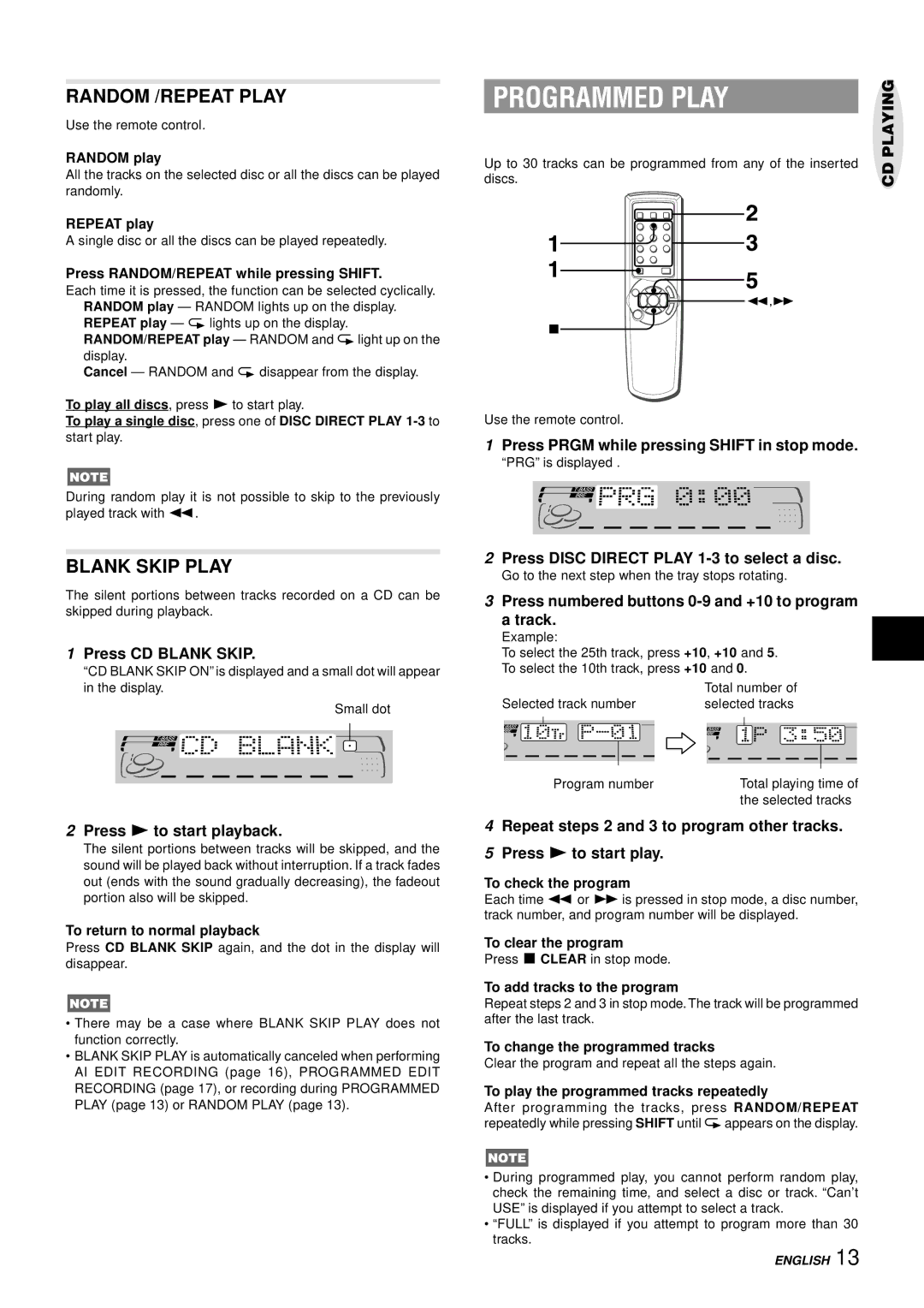 Aiwa NSX-AJ50 operating instructions Programmed Play, Random /REPEAT Play, Blank Skip Play 