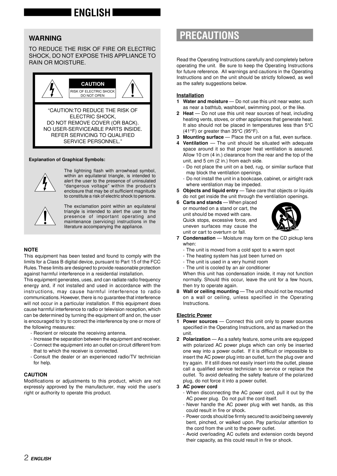 Aiwa NSX-AJ50 operating instructions Precautions, Installation, Electric Power 