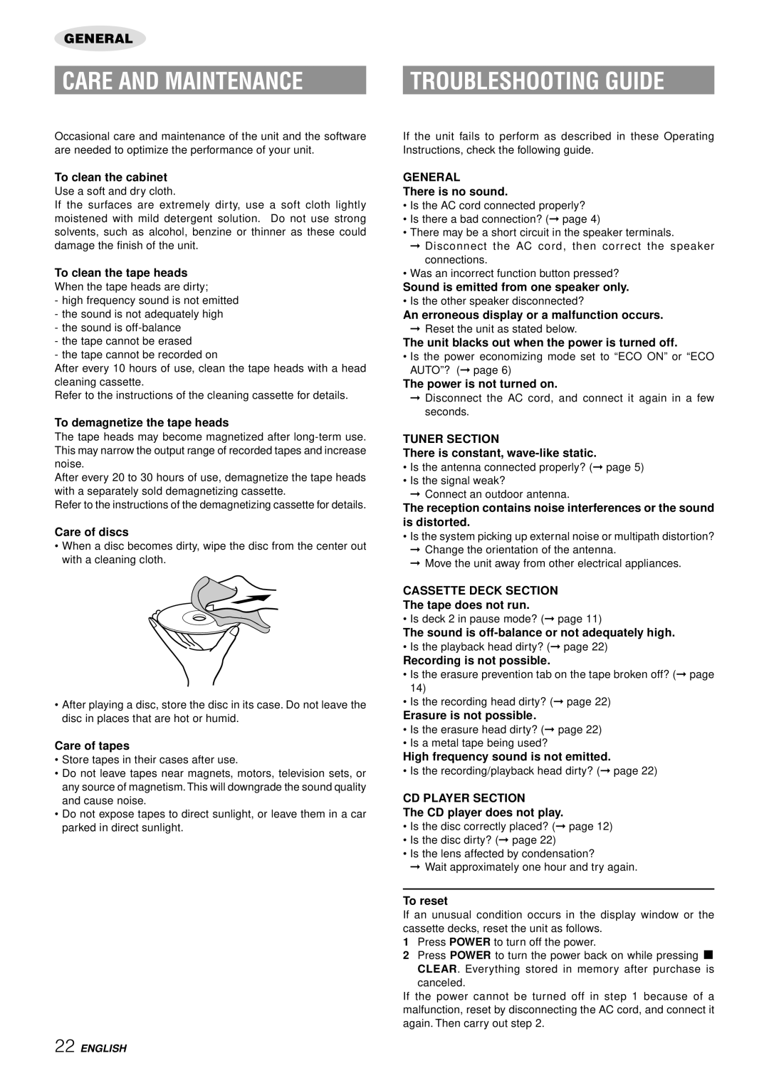 Aiwa NSX-AJ50 operating instructions Care and Maintenance, Troubleshooting Guide 