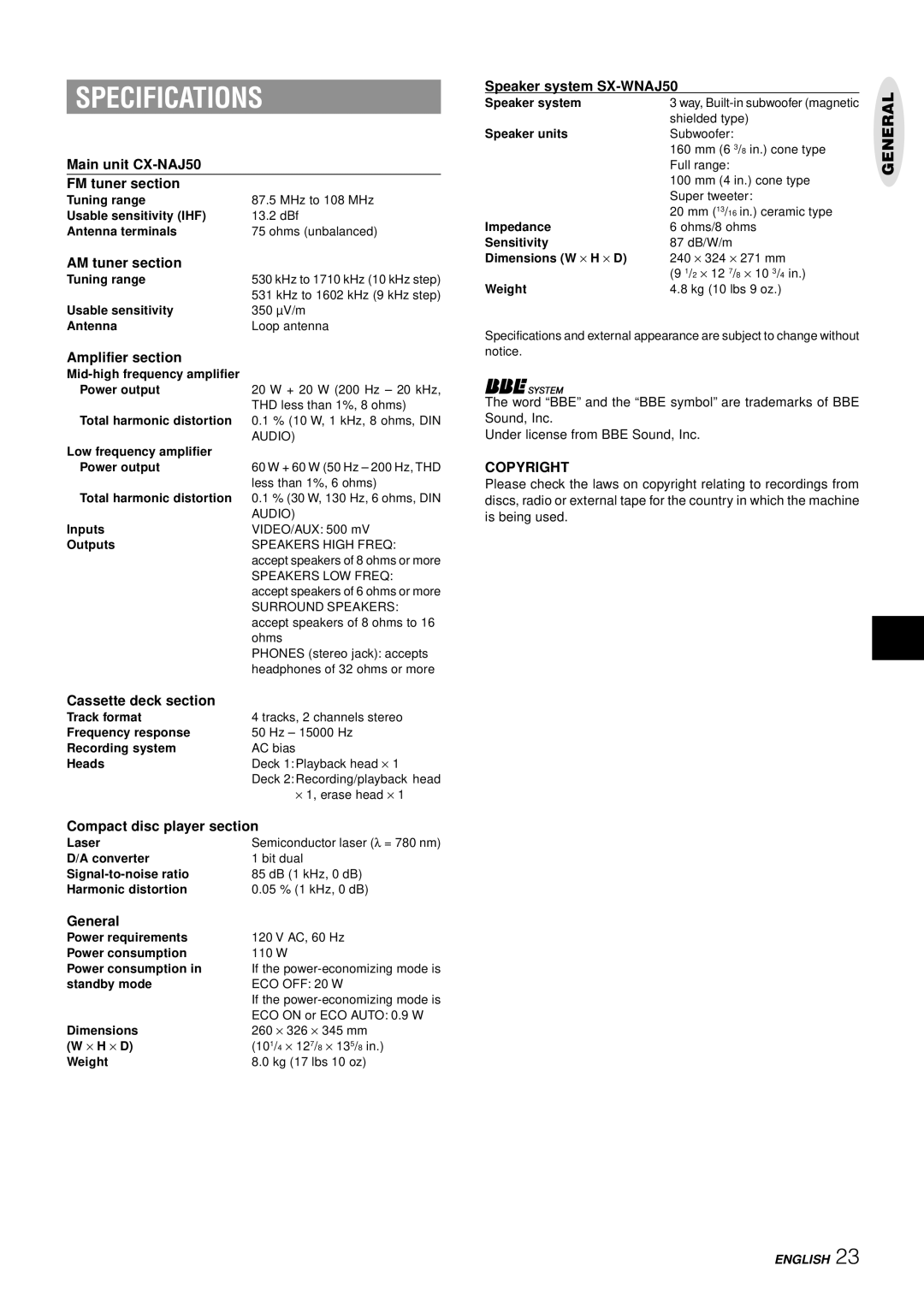 Aiwa NSX-AJ50 operating instructions Specifications, Copyright 