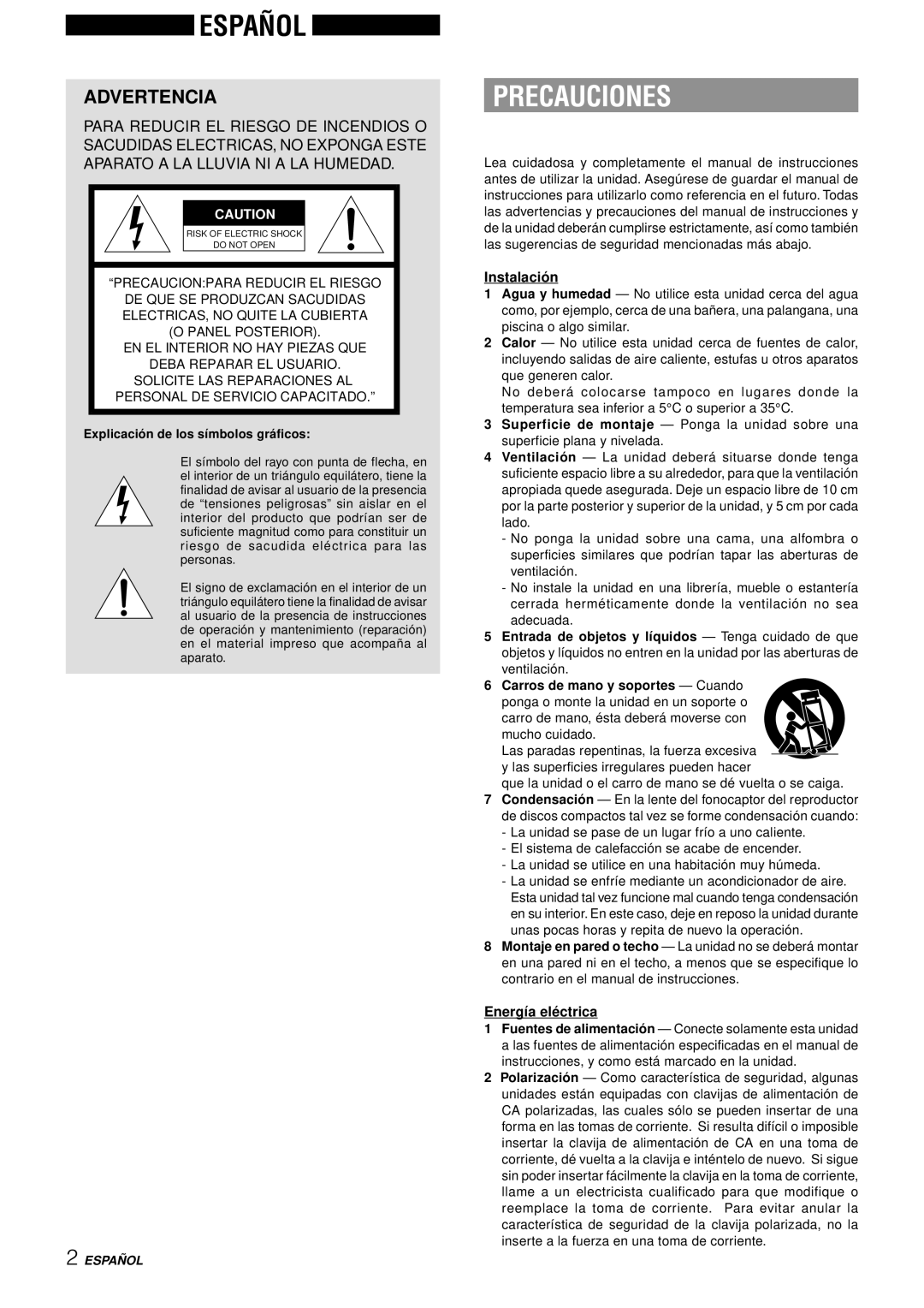 Aiwa NSX-AJ50 Precauciones, Advertencia, Instalació n, Energía elé ctrica, Explicació n de los símbolos grá ficos 