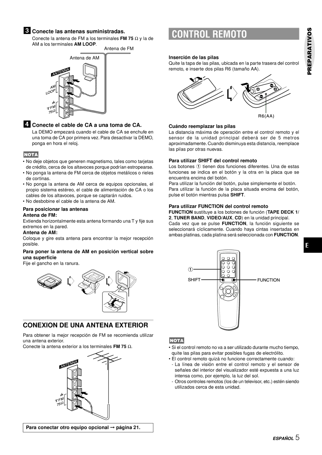 Aiwa NSX-AJ50 operating instructions Control Remoto, Conexion DE UNA Antena Exterior, 3Conecte las antenas suministradas 