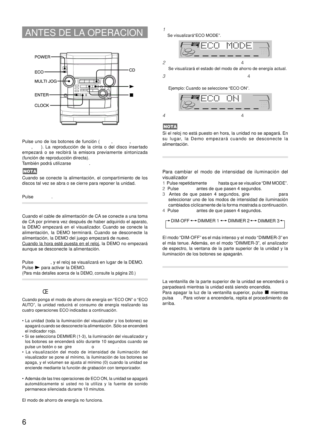 Aiwa NSX-AJ50 operating instructions Antes DE LA Operacion, Modo DE Intensidad DE Iluminacion, Ventanilla Parpadeante 