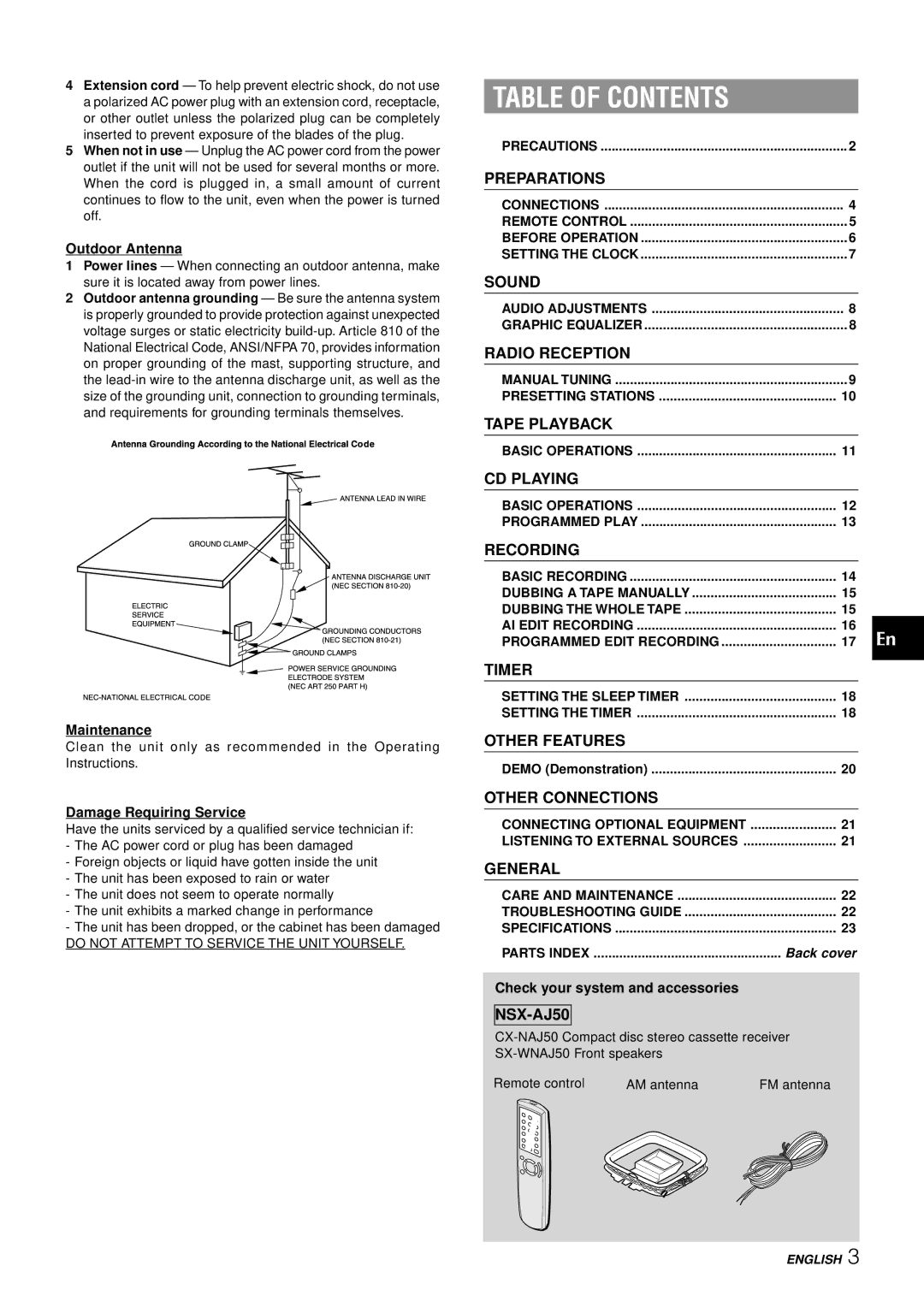 Aiwa NSX-AJ50 operating instructions Table of Contents 