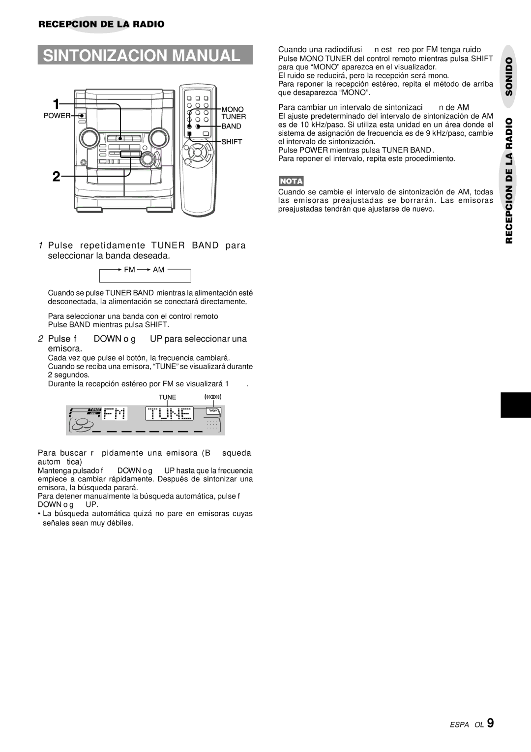 Aiwa NSX-AJ50 operating instructions Sintonizacion Manual, Pulse fDOWN o gUP para seleccionar una Emisora 