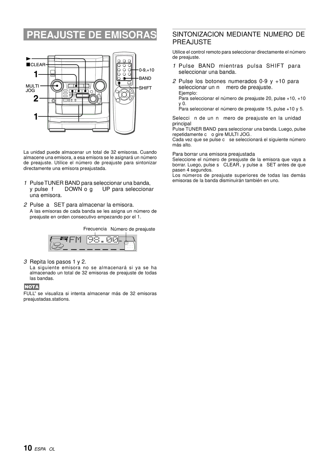 Aiwa NSX-AJ50 Preajuste DE Emisoras, Sintonizacion Mediante Numero DE Preajuste, Repita los pasos 1 y 