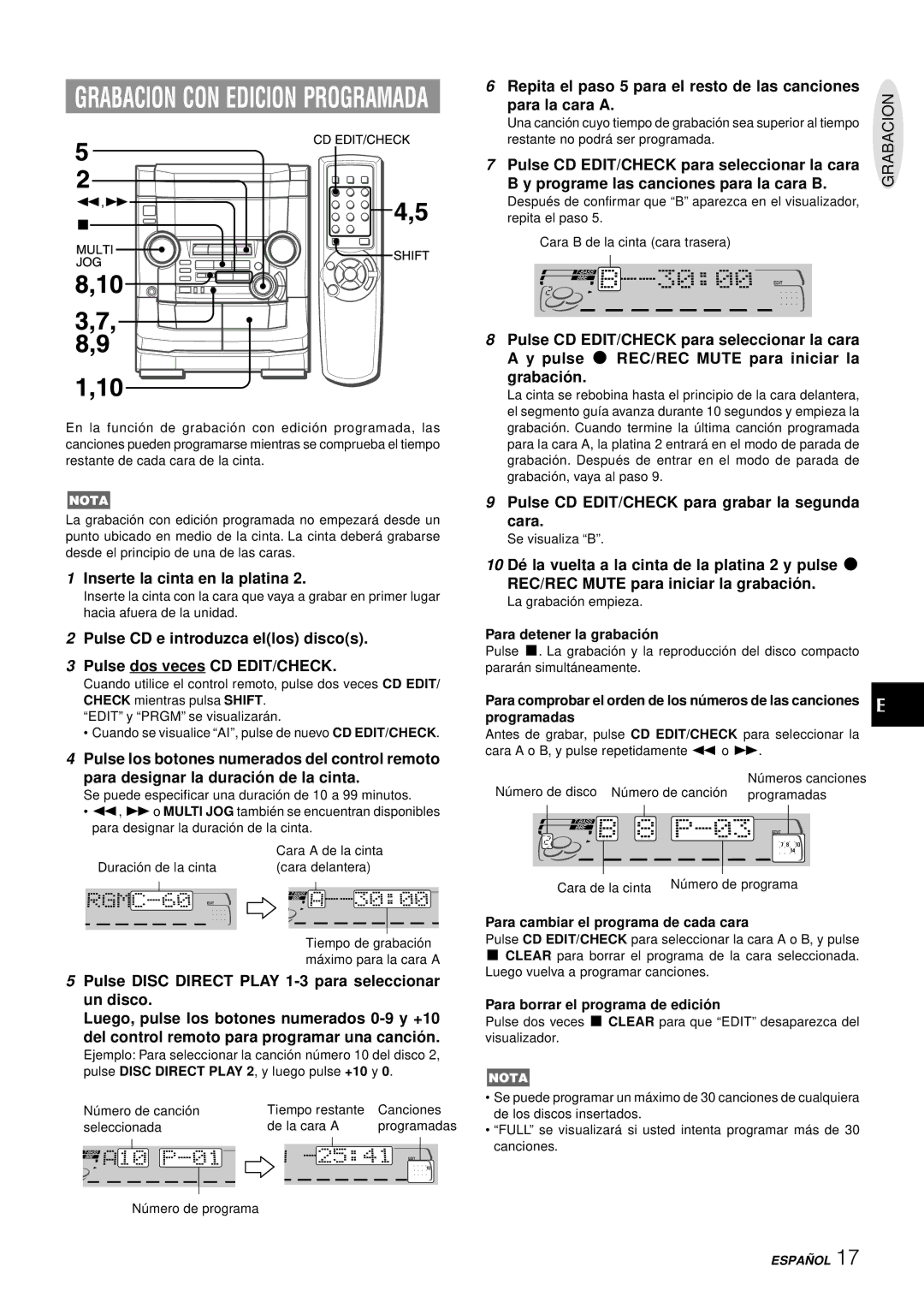 Aiwa NSX-AJ50 operating instructions Pulse CD EDIT/CHECK para grabar la segunda Cara, Para cambiar el programa de cada cara 