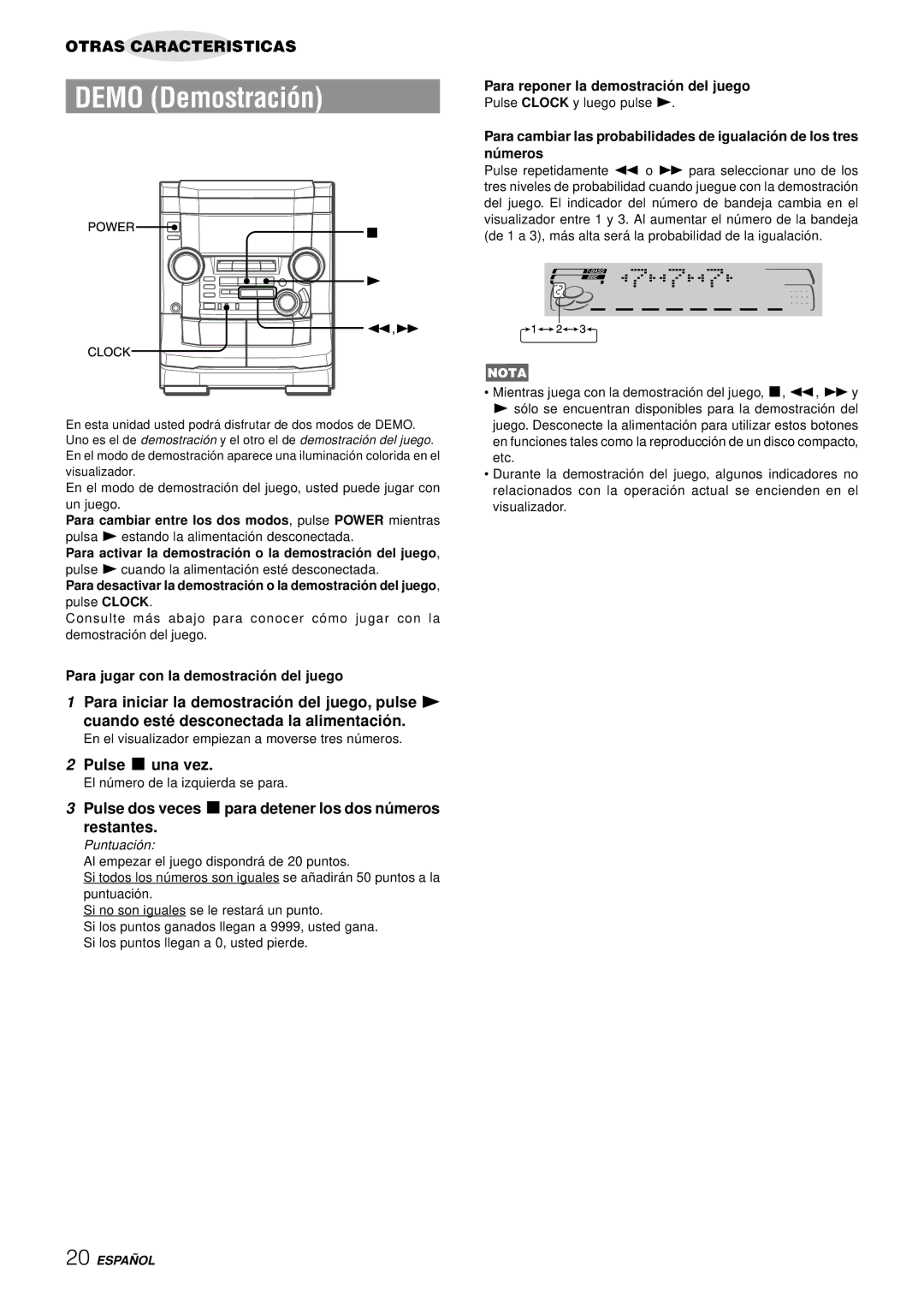 Aiwa NSX-AJ50 operating instructions Pulse s una vez, Pulse dos veces spara detener los dos nú meros Restantes 