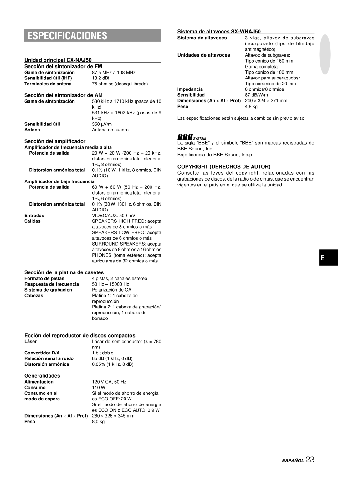 Aiwa NSX-AJ50 operating instructions Especificaciones, Copyright Derechos DE Autor 