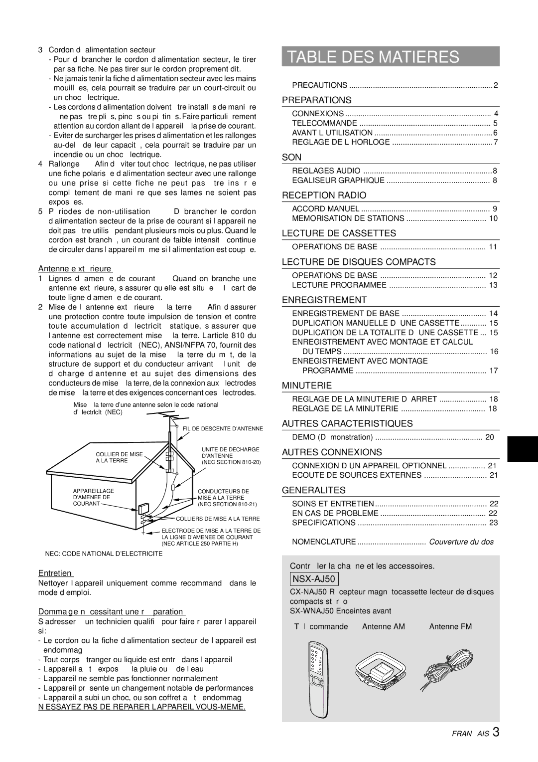 Aiwa NSX-AJ50 Table DES Matieres, Antenne exté rieure, Entretien, Dommage né cessitant une ré paration 