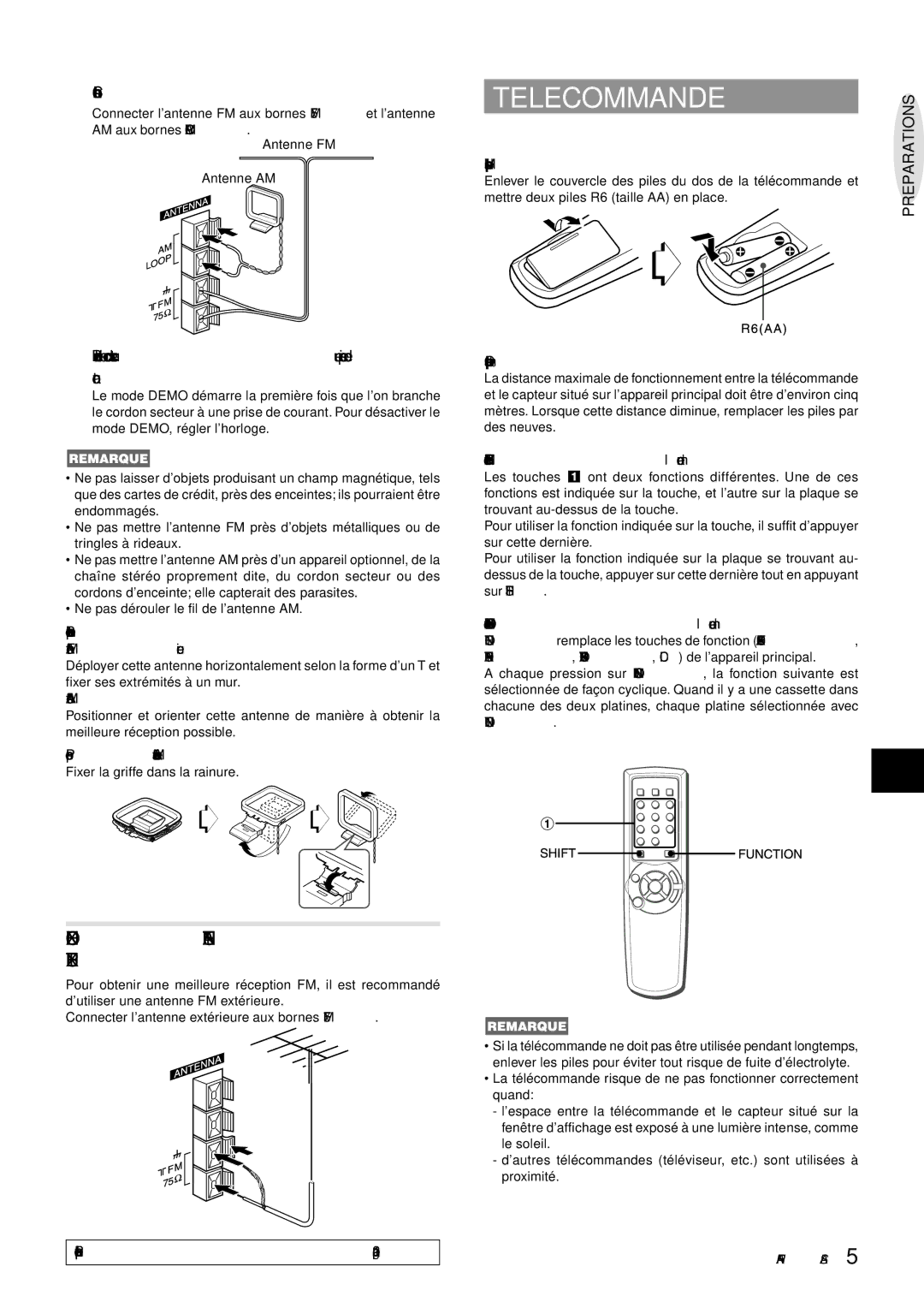 Aiwa NSX-AJ50 operating instructions Telecommande, Connexion D’UNE Antenne Exterieure, 3Connecter les antennes fournies 