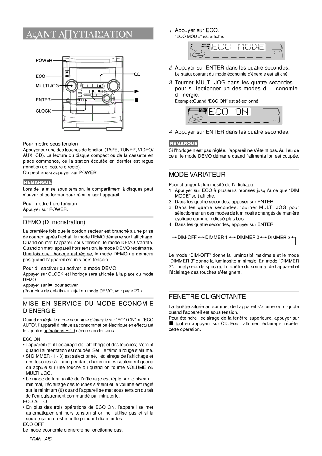 Aiwa NSX-AJ50 operating instructions Avant L’UTILISATION, Mode Variateur, Fenetre Clignotante, Appuyer sur ECO 