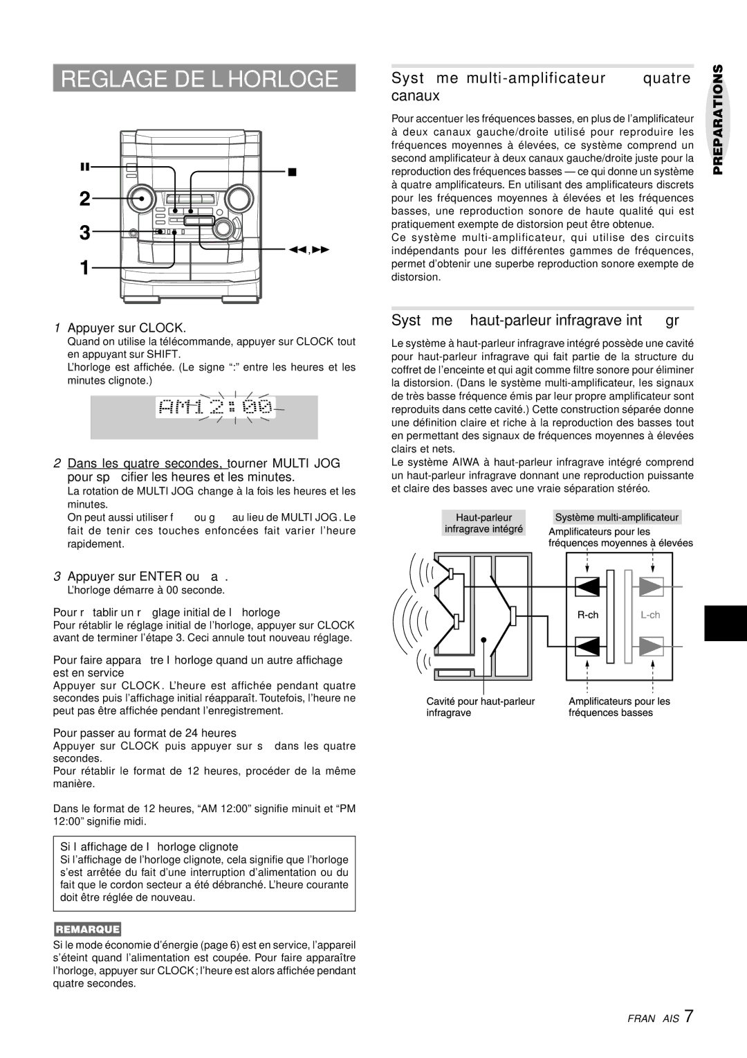 Aiwa NSX-AJ50 operating instructions Reglage DE L’HORLOGE, Appuyer sur Clock, Appuyer sur Enter ou a 