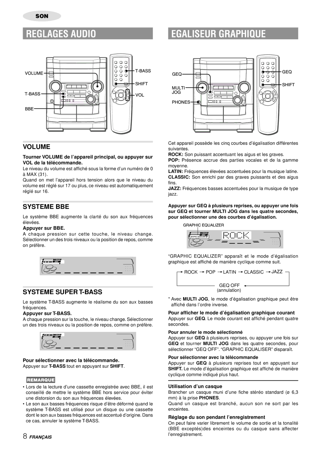 Aiwa NSX-AJ50 operating instructions Reglages Audio, Egaliseur Graphique, Systeme BBE, Systeme Super T-BASS 