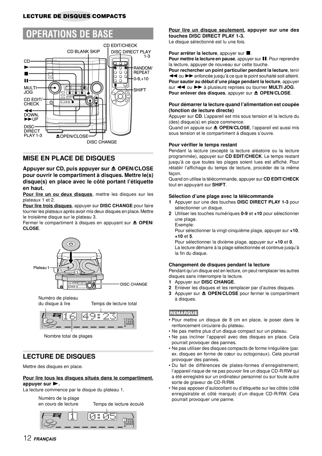 Aiwa NSX-AJ50 operating instructions Mise EN Place DE Disques, Lecture DE Disques, Pour vé rifier le temps restant 