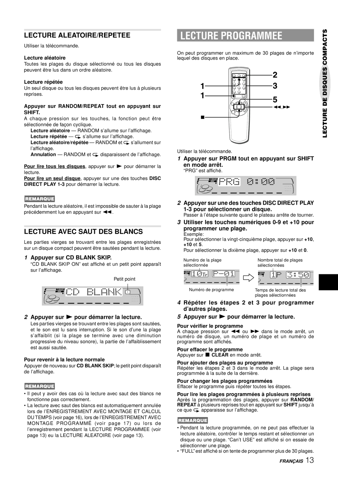 Aiwa NSX-AJ50 Lecture Programmee, Lecture ALEATOIRE/REPETEE, Lecture Avec Saut DES Blancs, Appuyer sur CD Blank Skip 