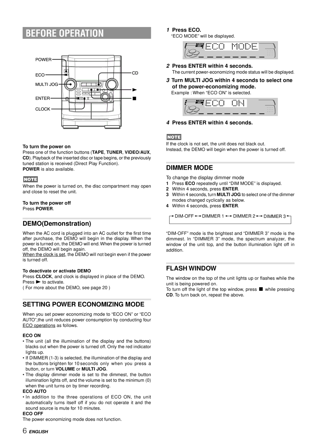 Aiwa NSX-AJ50 operating instructions Before Operation, Setting Power Economizing Mode, Dimmer Mode, Flash Window 