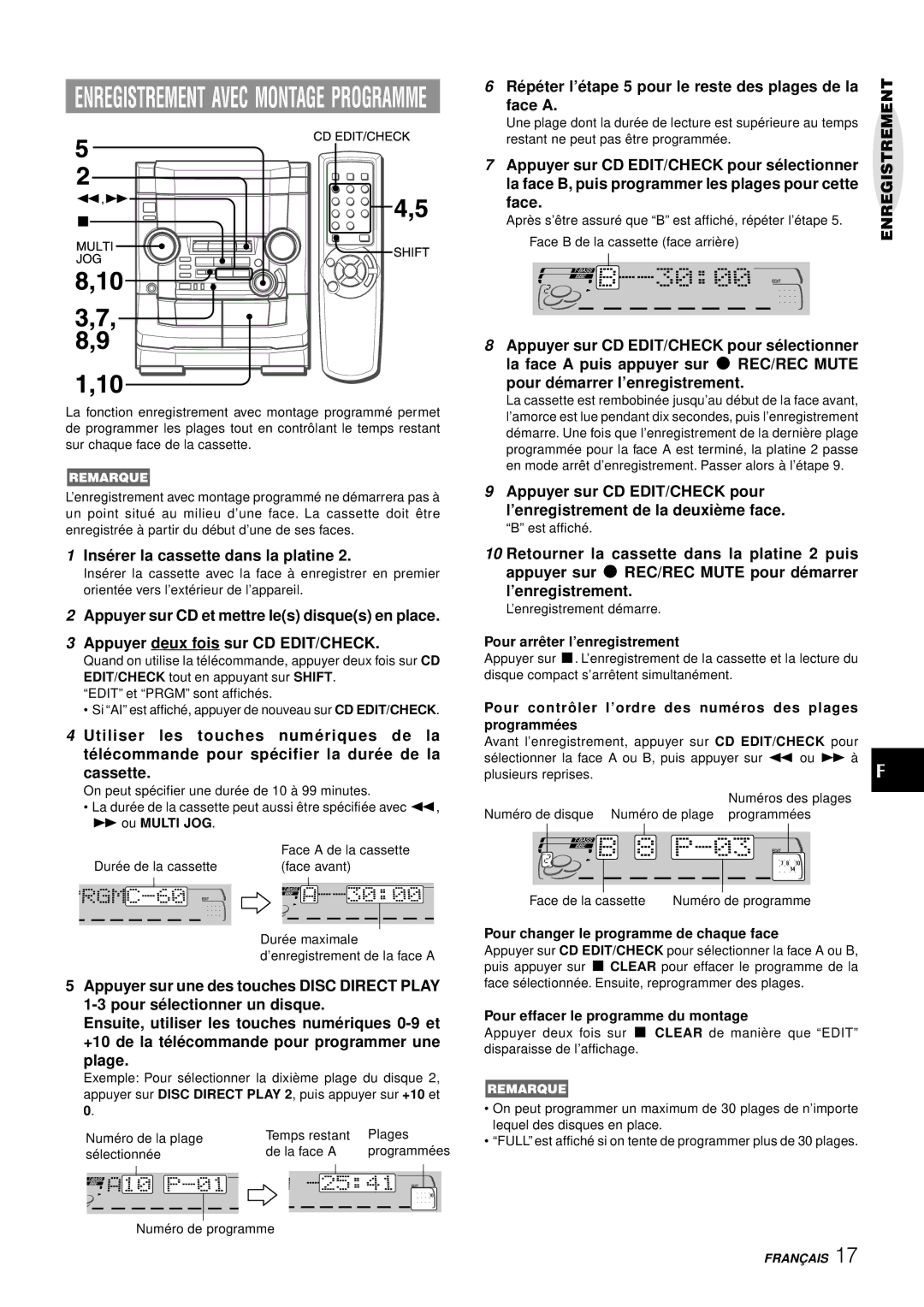 Aiwa NSX-AJ50 operating instructions Enregistrement Avec Montage Programme, Pour changer le programme de chaque face 