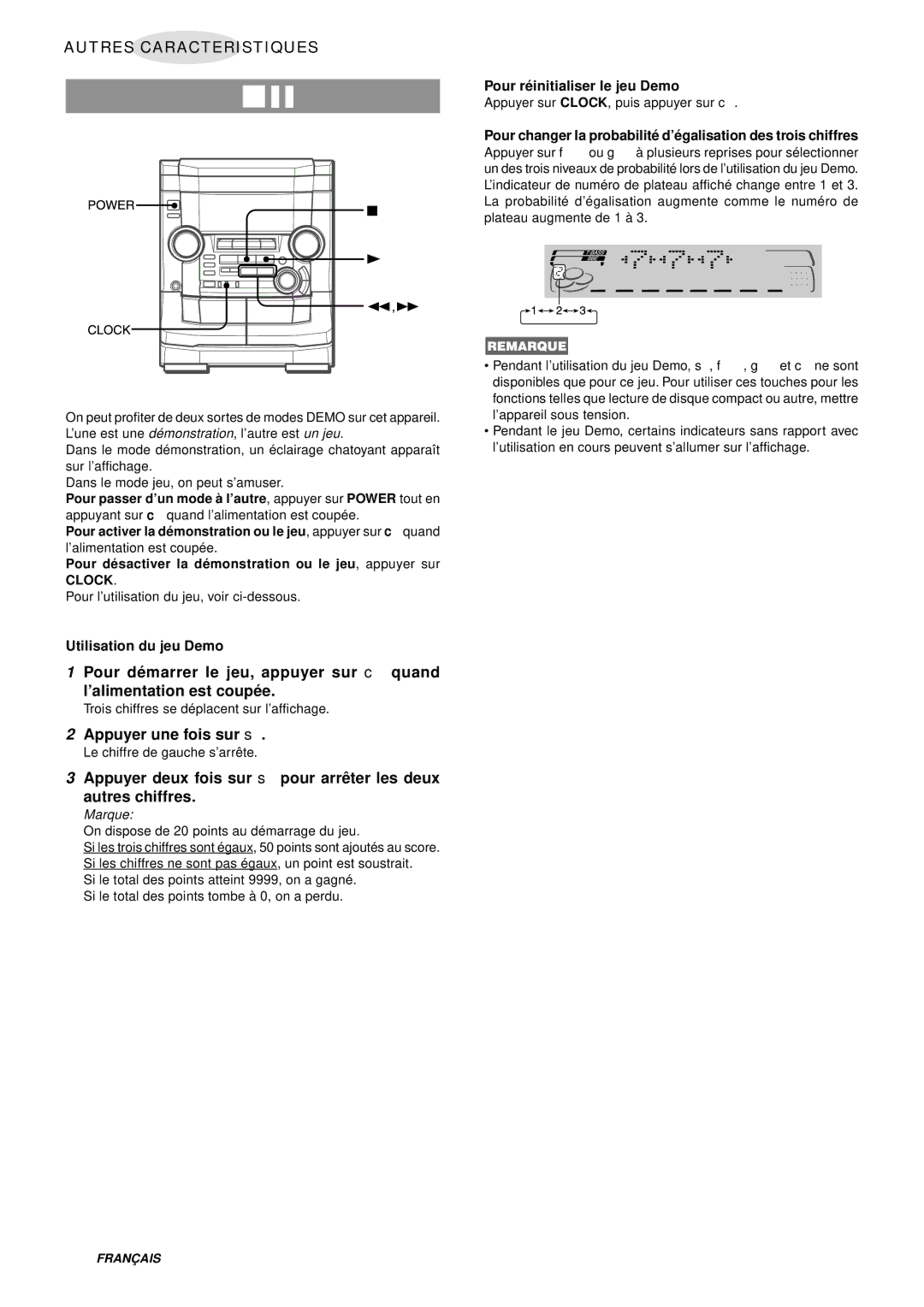 Aiwa NSX-AJ50 operating instructions Appuyer une fois sur s, Utilisation du jeu Demo, Pour ré initialiser le jeu Demo 