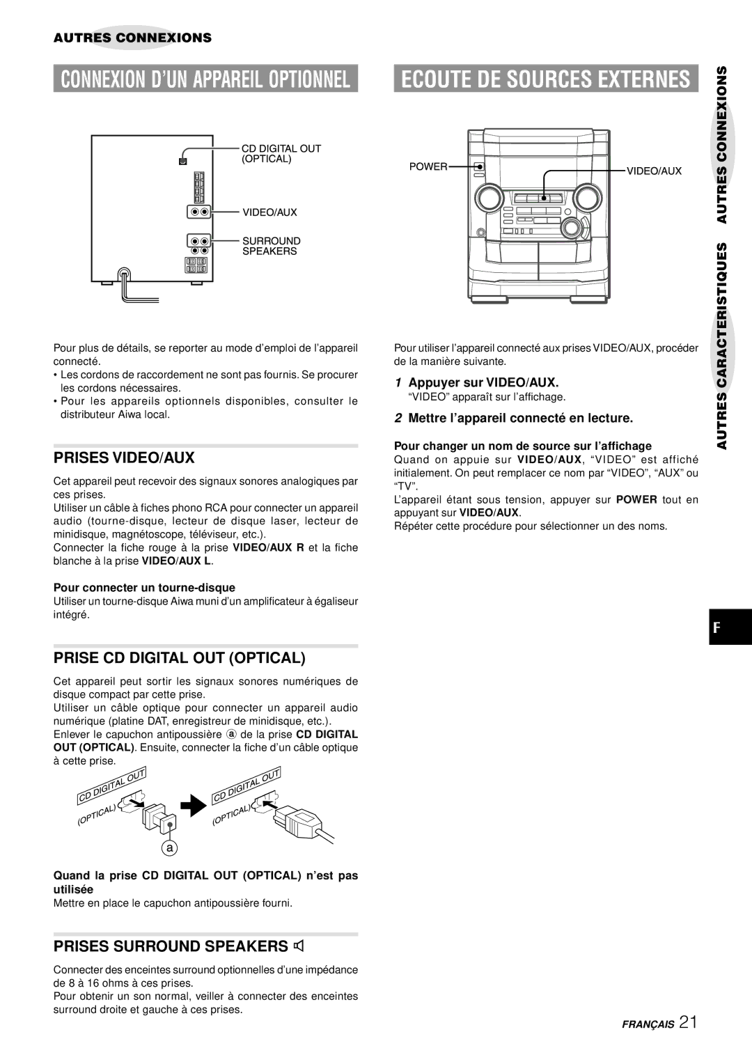 Aiwa NSX-AJ50 Prises VIDEO/AUX, Prise CD Digital OUT Optical, Prises Surround Speakers, Pour connecter un tourne-disque 