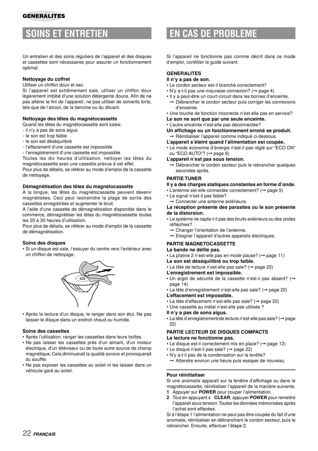 Aiwa NSX-AJ50 Soins ET Entretien, EN CAS DE Probleme, Generalites, Partie Tuner, Partie Magnetocassette 