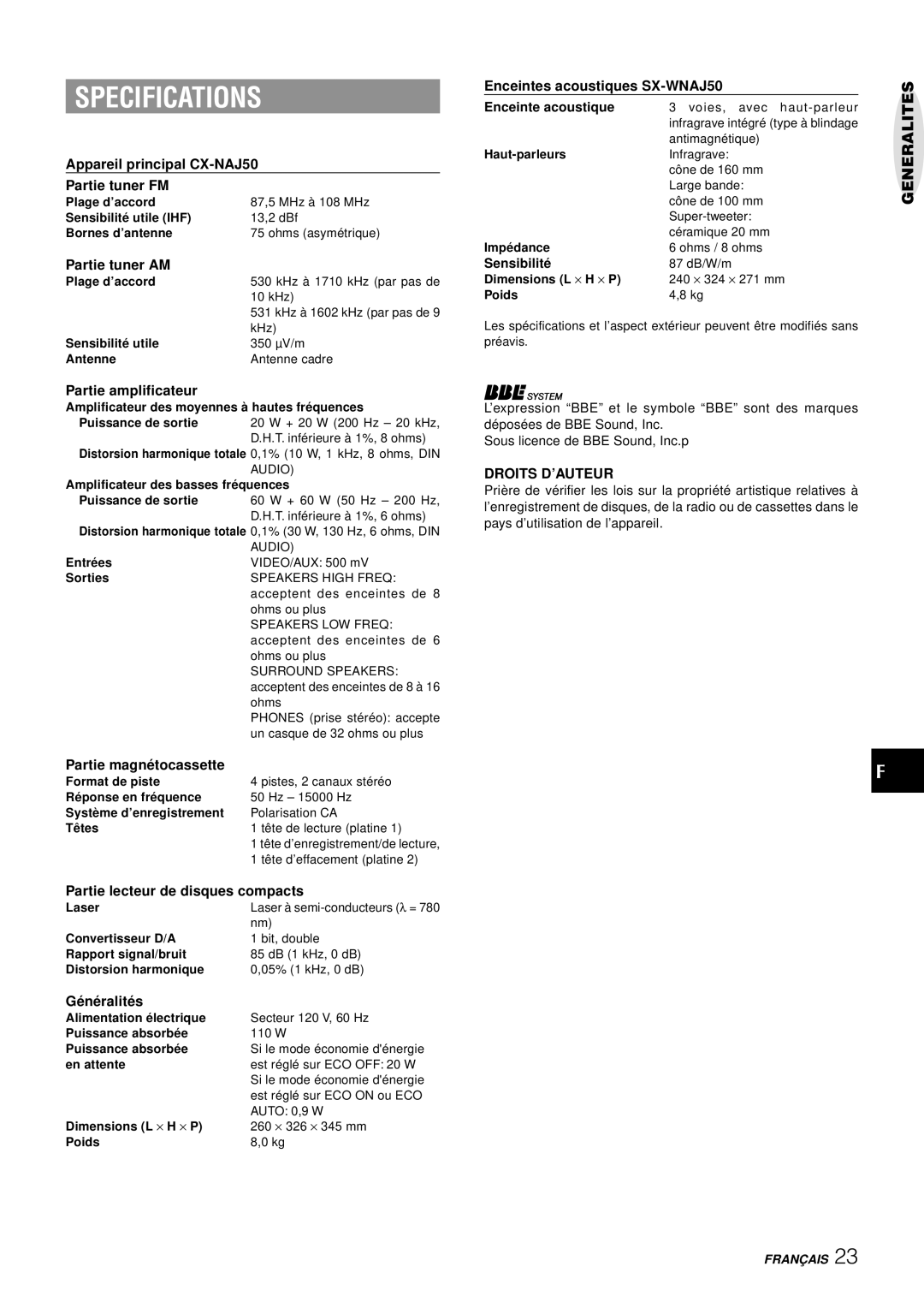 Aiwa NSX-AJ50 operating instructions Droits D’AUTEUR 