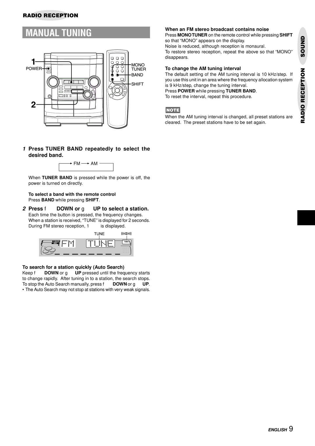 Aiwa NSX-AJ50 operating instructions Manual Tuning, Press Tuner Band repeatedly to select the desired band 