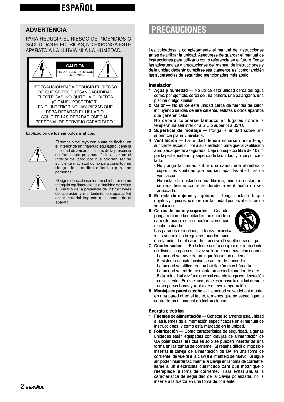 Aiwa NSX-AJ50 operating instructions Español, Precauciones, Advertencia, Instalació n, Energía elé ctrica 