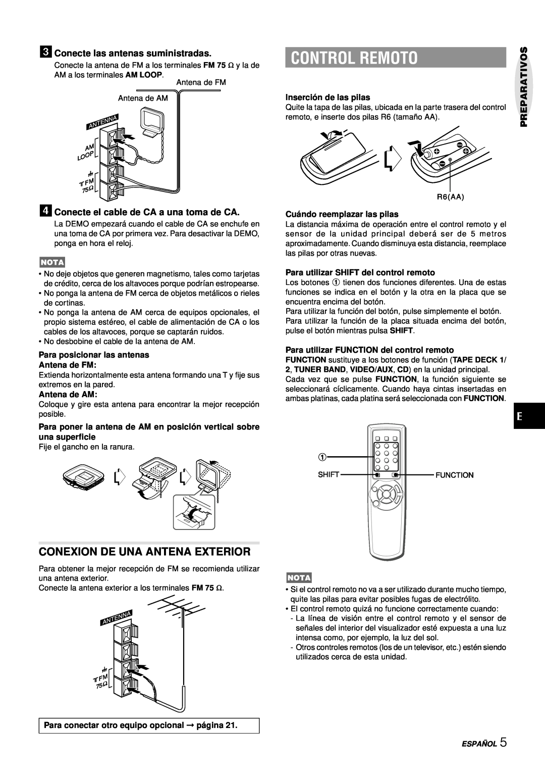 Aiwa NSX-AJ50 Control Remoto, Conexion De Una Antena Exterior, 3Conecte las antenas suministradas, Preparativos, Españ Ol 