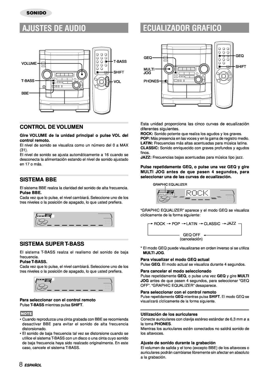 Aiwa NSX-AJ50 Ajustes De Audio, Ecualizador Grafico, Control De Volumen, Sistema Bbe, Sistema Super T-Bass, Sonido 
