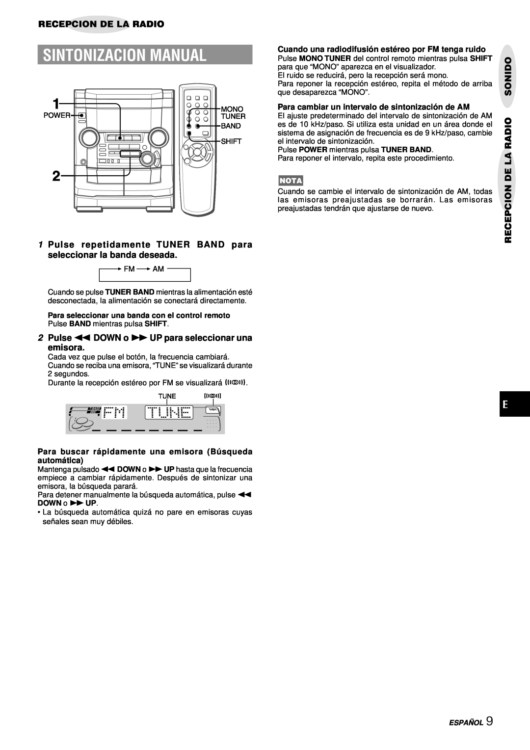 Aiwa NSX-AJ50 Sintonizacion Manual, Recepcion De La Radio, 2Pulse fDOWN o gUP para seleccionar una emisora, Sonido 