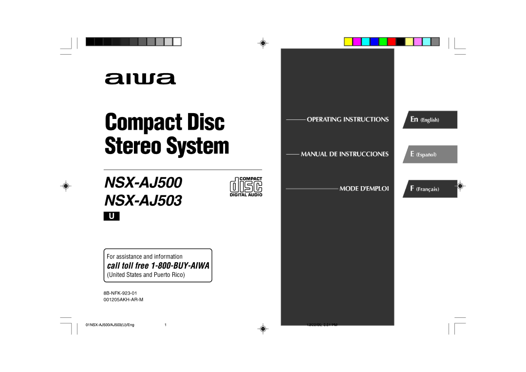 Aiwa NSX-AJ500, NSX-AJ503 operating instructions Compact Disc Stereo System 