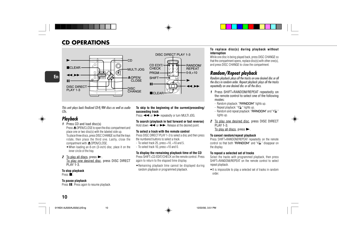 Aiwa NSX-AJ503, NSX-AJ500 operating instructions CD Operations, Random/Repeat playback, Playback 