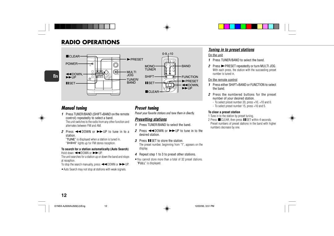 Aiwa NSX-AJ503, NSX-AJ500 operating instructions Radio Operations, Manual tuning, Preset tuning, To clear a preset station 