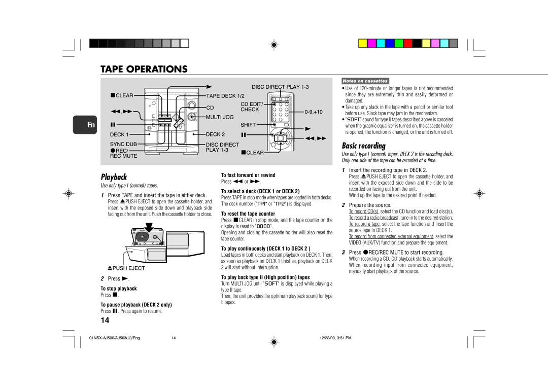 Aiwa NSX-AJ503, NSX-AJ500 operating instructions Tape Operations, Basic recording 