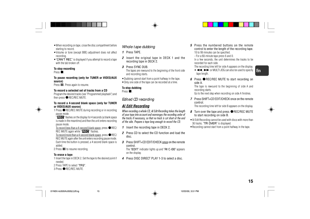 Aiwa NSX-AJ500, NSX-AJ503 operating instructions Whole tape dubbing, Edited CD recording 