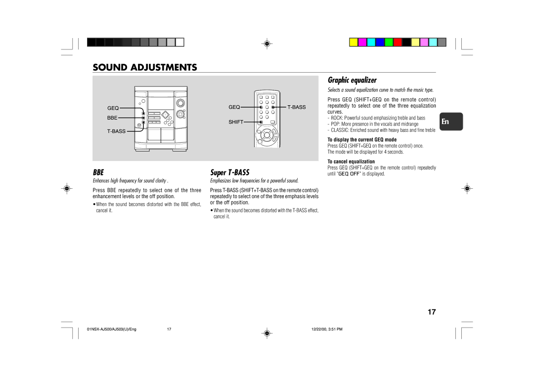 Aiwa NSX-AJ500 Sound Adjustments, Super T-BASS, Graphic equalizer, To display the current GEQ mode, To cancel equalization 