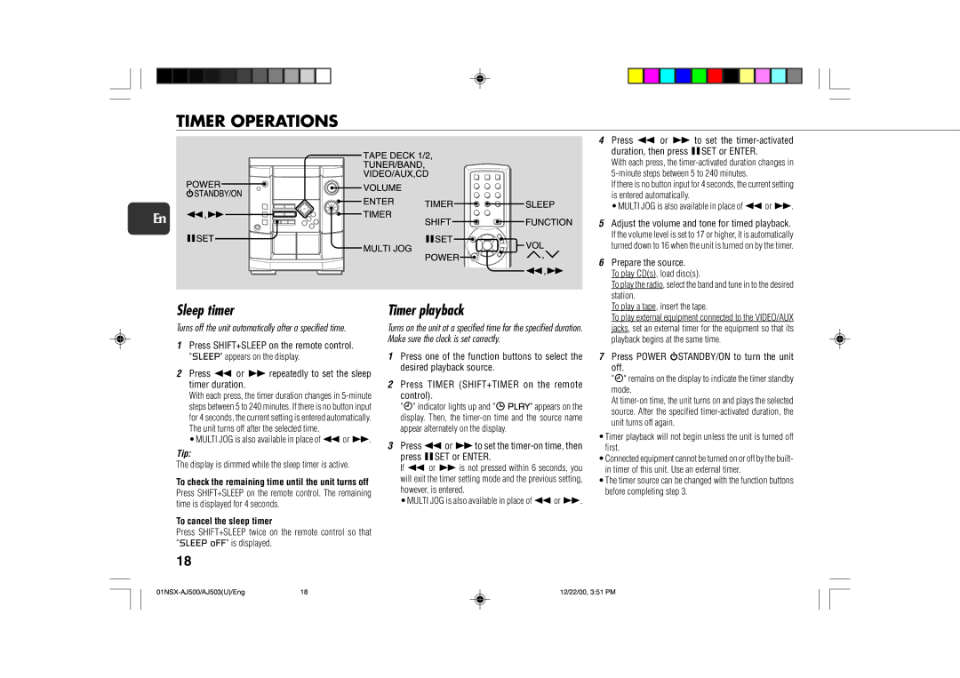 Aiwa NSX-AJ503, NSX-AJ500 operating instructions Timer Operations, Sleep timer, Timer playback, To cancel the sleep timer 