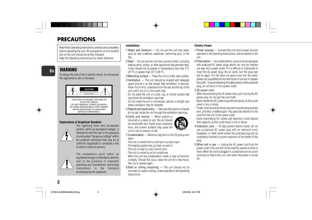 Aiwa NSX-AJ503, NSX-AJ500 Precautions, En Warning, Explanation of Graphical Symbols, Installation, Electric Power 