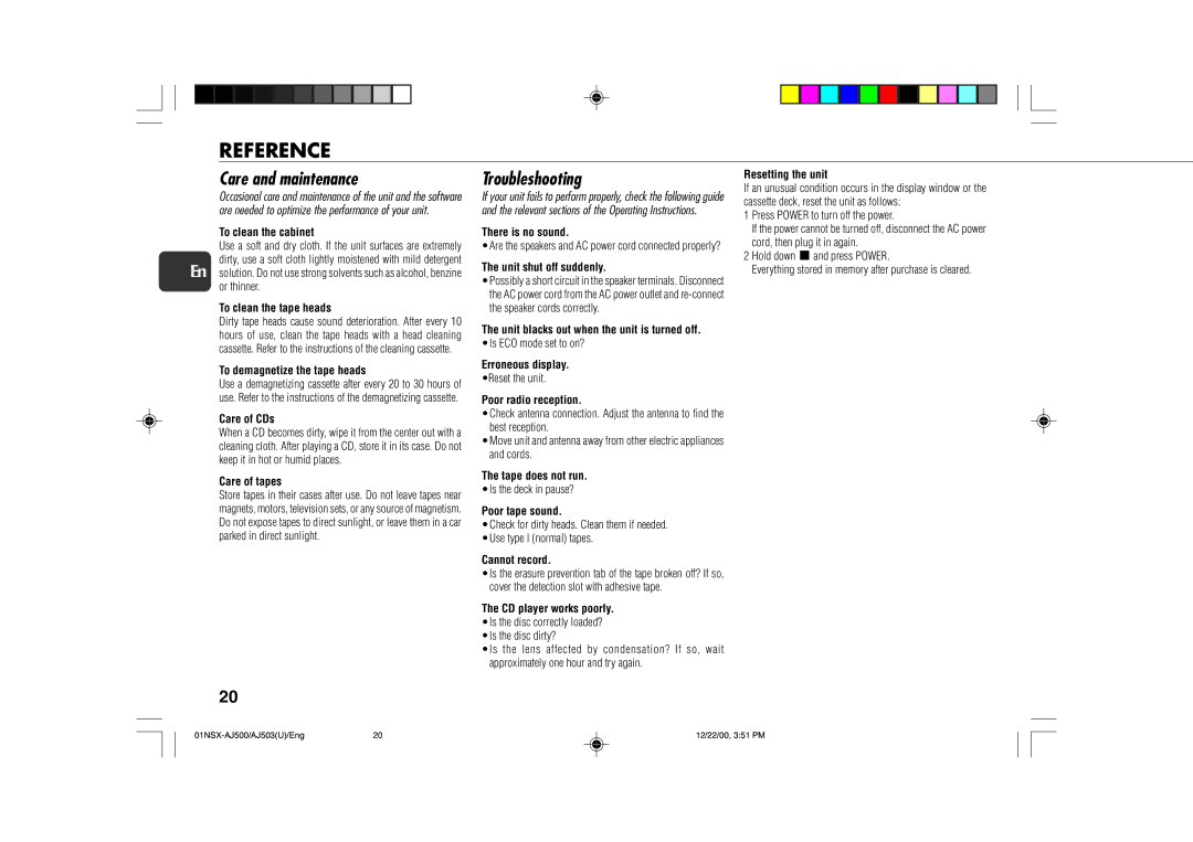 Aiwa NSX-AJ503, NSX-AJ500 operating instructions Reference, Care and maintenance, Troubleshooting 