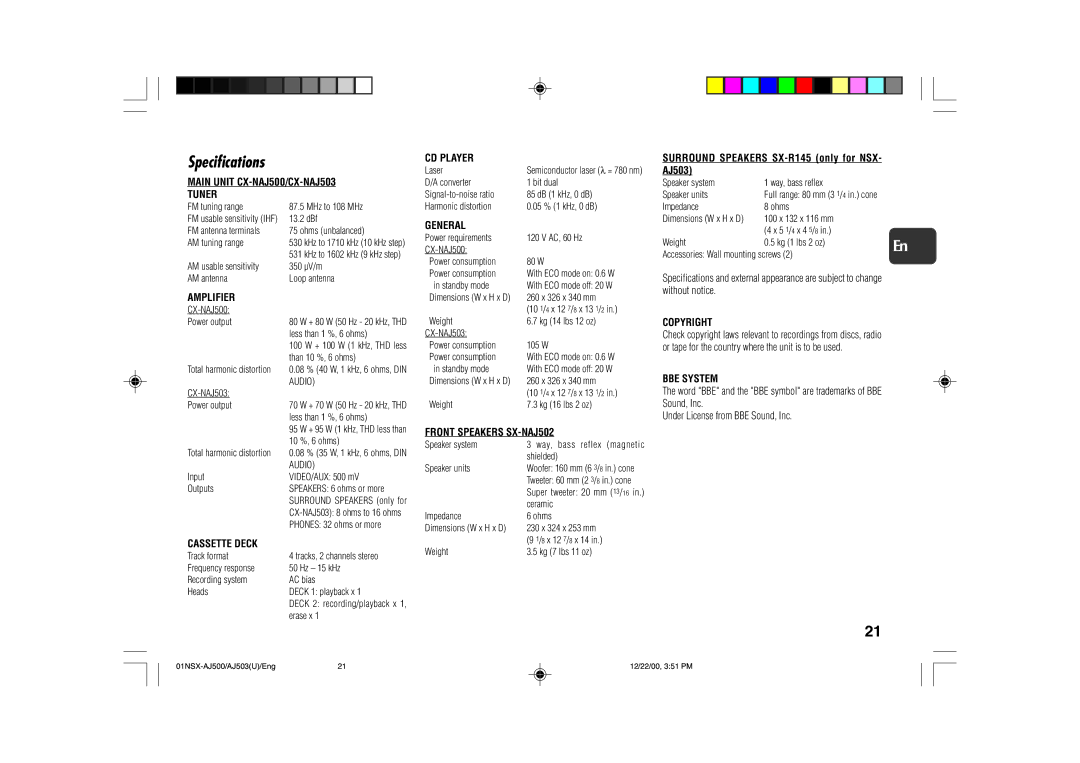 Aiwa NSX-AJ500, NSX-AJ503 operating instructions Specifications 