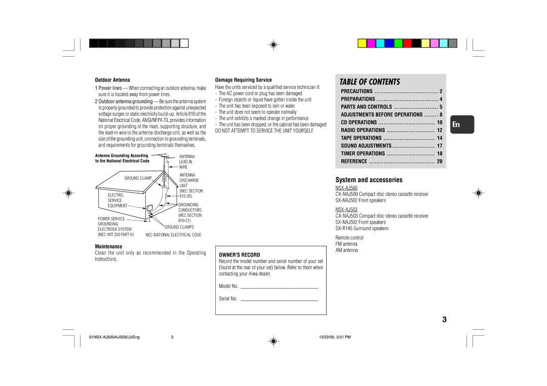 Aiwa NSX-AJ500, NSX-AJ503 operating instructions Table of Contents 