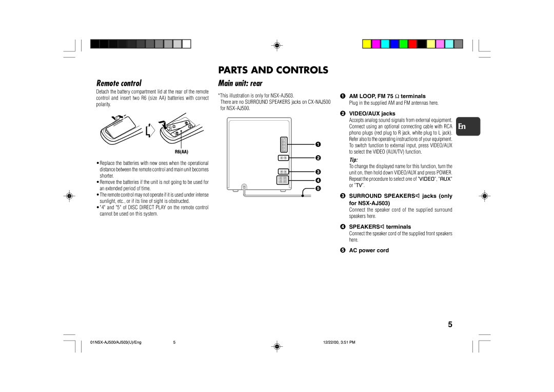 Aiwa NSX-AJ500, NSX-AJ503 operating instructions Parts and Controls, Remote control, Main unit rear 