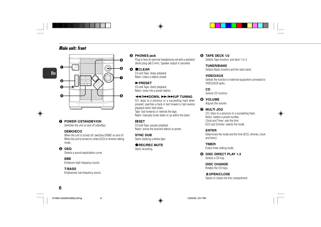 Aiwa NSX-AJ503, NSX-AJ500 operating instructions Main unit front 