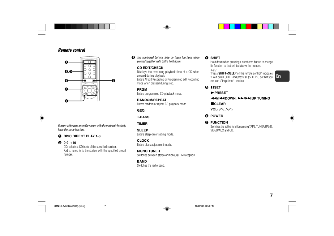 Aiwa NSX-AJ500 Disc Direct Play, Cd Edit/Check, Prgm, Random/Repeat, GEQ Bass Timer Sleep, Clock, Mono Tuner, Band, Shift 