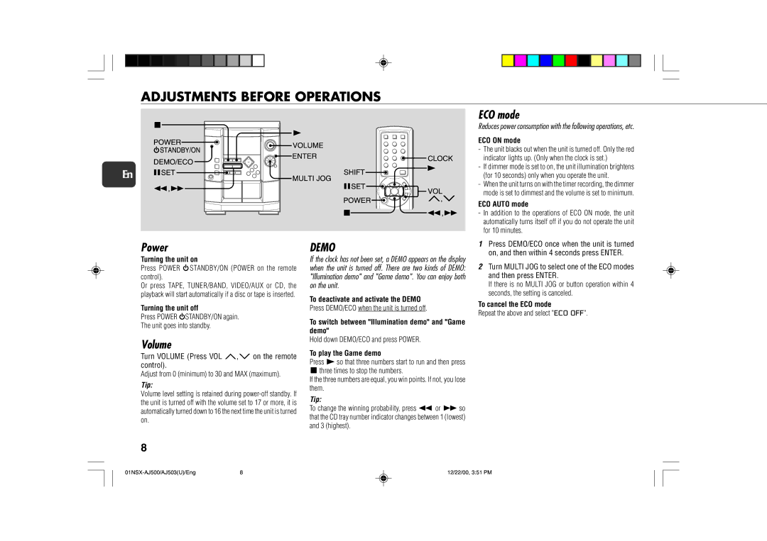 Aiwa NSX-AJ503, NSX-AJ500 operating instructions Adjustments Before Operations, ECO mode Power, Volume 