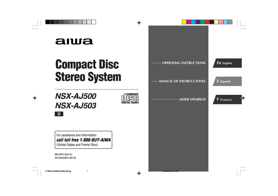 Aiwa operating instructions Compact Disc Stereo System, NSX-AJ500 NSX-AJ503, Operating Instructions, Mode Demploi 