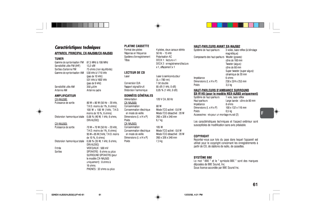 Aiwa NSX-AJ503 Caractéristiques techniques, APPAREIL PRINCIPAL CX-NAJ500/CX-NAJ503 TUNER, Amplificateur, Platine Cassette 