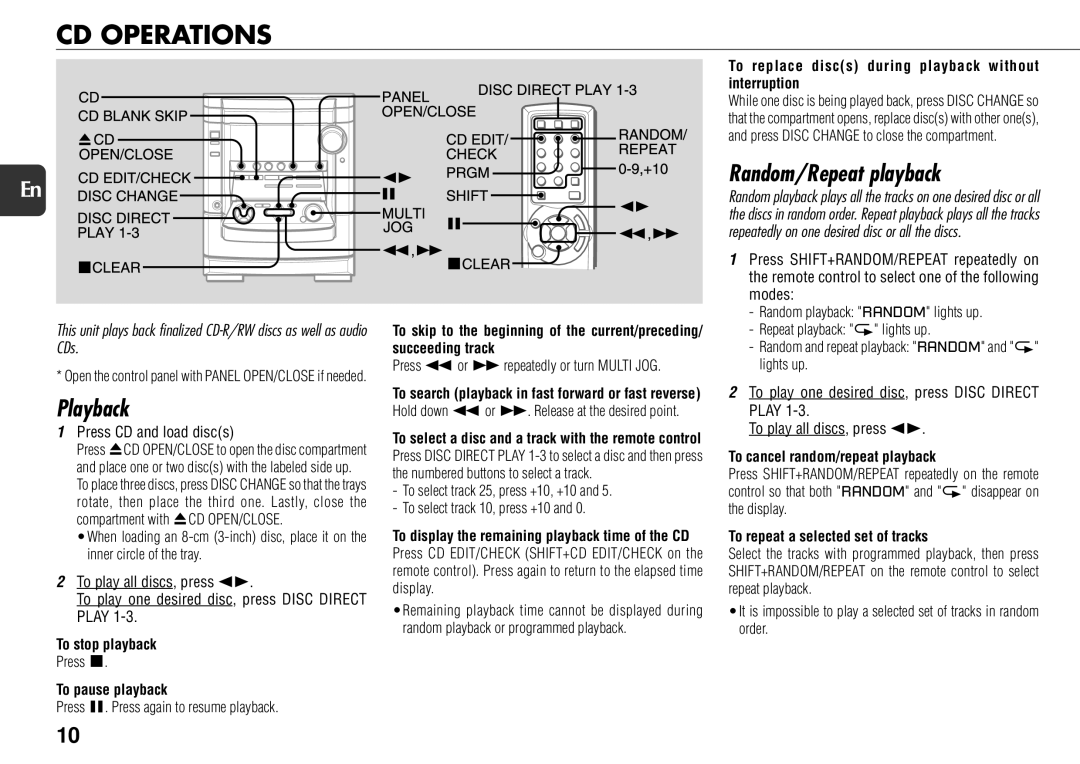 Aiwa NSX-AJ800 manual CD Operations, Playback, Random/Repeat playback 