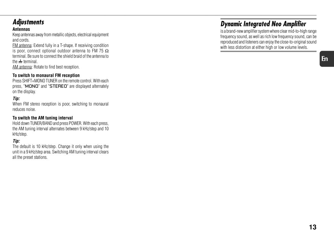 Aiwa NSX-AJ800 manual Adjustments, Dynamic Integrated Neo Amplifier, Antennas, To switch to monaural FM reception 